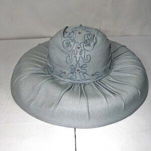 Vintage Whittle & Shone 90's Big Fancy  Hat Embroidery Detail Dusty Blue